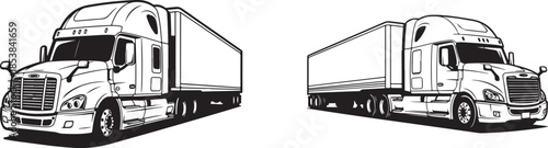 Semi Truck with Trailer Illustration Set - Black and White Line Art