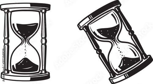 Set of Two Vintage Hourglass Illustrations Black and White Tattoo Style