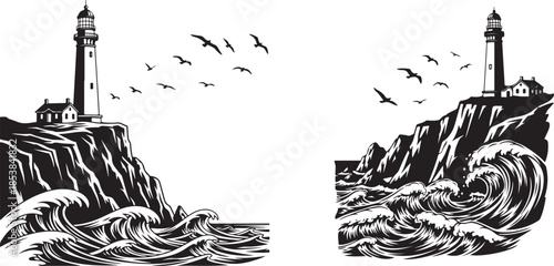 Vintage Black and White Lighthouse on Cliff with Crashing Waves and Seagulls