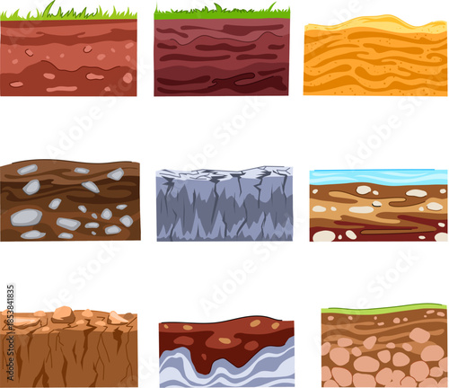 Various cartoon soil layers illustrating different ground cross sections, an underground ecosystem, and geological profiles for nature, science, and game design concepts