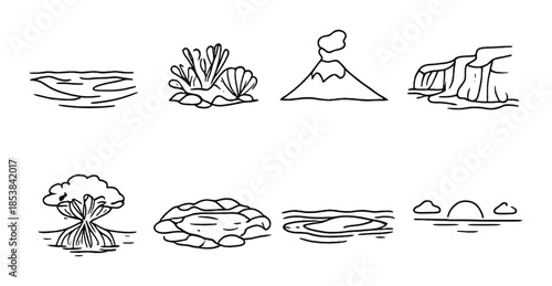 Minimalistic nature icons set featuring volcano, cliff, river, and more