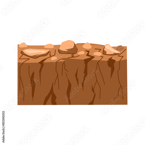 Earth cross section showing layered soil, topsoil with rocks and cracked parched surface illustrating drought, erosion, arid terrain, bedrock and environmental degradation concepts