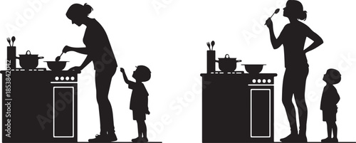 Mother and child cooking in kitchen silhouette set - family meal preparation