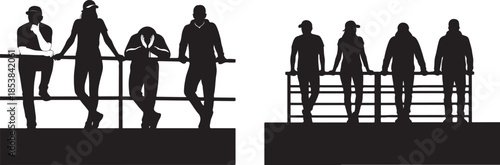 Young People Silhouettes Leaning on Railing Vector Set Isolated on White