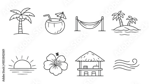 Tropical beach icons with palm trees and coconut drinks on grayscale background