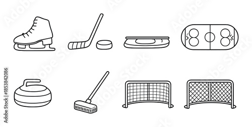 Icon set of ice hockey and curling equipment on dark background