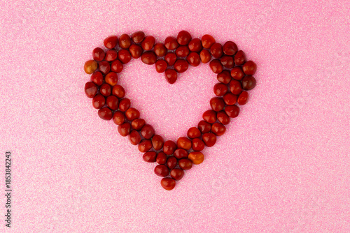 Red Saga Seeds (Adenanthera pavonina) Arranged in a Heart Shape on Pink Background