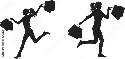 Shopping Women Silhouettes Running with Bags - Sale and Consumerism Concept