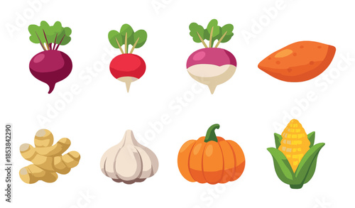 Colorful vegetable icons on gradient background with beet, radish, and more