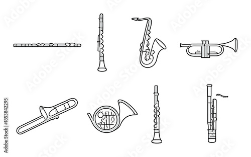 Outline illustrations of various musical instruments on gray background