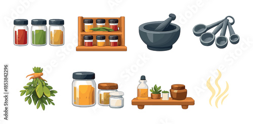 Herbal kitchen collection: spices, mortar, pestle, jars, seasoning tools, and herbs
