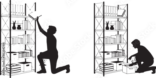 Organizing Storage Shelves: Two Silhouettes Placing and Filing Items