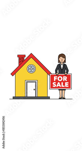 Real Estate Agent Standing Next to a House with a For Sale Sign.