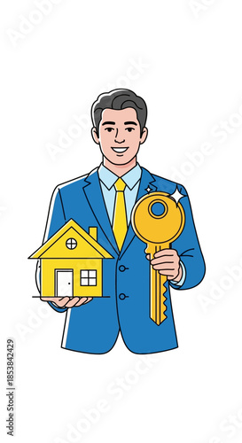 Real Estate Agent Offering House and Key, Cartoon Illustration.