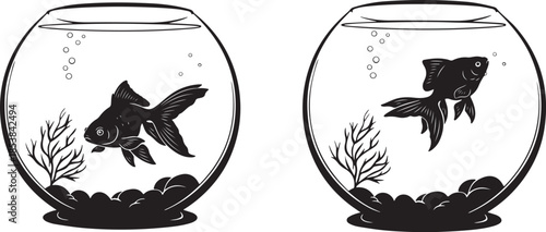 Set of Goldfish in Fish Bowl Silhouettes - Aquatic Pet Vector Illustration