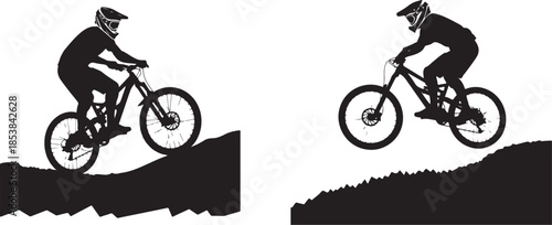 Mountain Biker Silhouette Set - Downhill Extreme Sport Action Vector Graphic