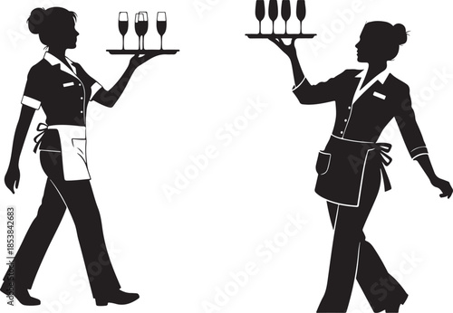 Female Waitress Silhouettes Serving Champagne Glasses on Trays Vector
