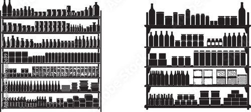 Black Silhouette Icons of Fully Stocked Supermarket Grocery Shelves