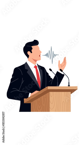 Man Delivering Speech at Podium with Microphones and Sound Waves.