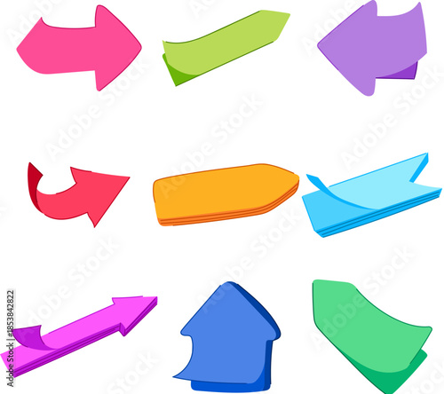 Assortment of vibrant, layered note like arrow shapes creating a concept of direction, navigation, pointer, indicator, and memo elements for various design and informational purposes