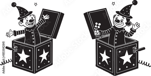 Retro Jack-in-the-Box Clown Pop Out Toy Black and White Silhouette Illustration