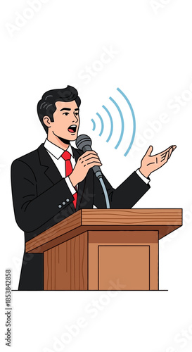Man Speaking at Podium Delivering Speech with Microphone.