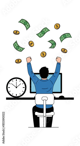 Man celebrating success with money raining down around him.