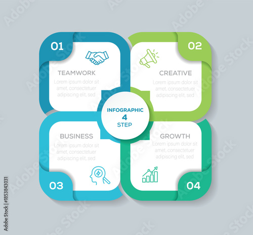 4 colorful elements with linear icons and place for text inside placed around circle. Template for graph, diagram, presentations. 