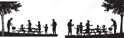 Family Picnic and BBQ Silhouettes Set. Outdoor Gathering Outline Illustration