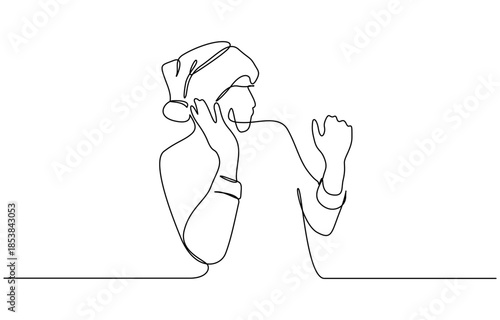 Continuous one single line drawing of man in santa claus hat and gives package on transparent background