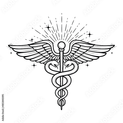 Black and white caduceus symbol featuring wings and entwined snakes