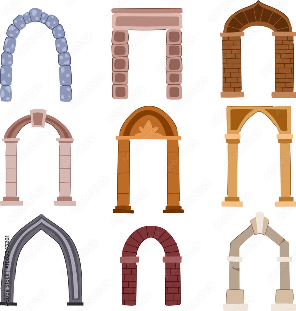 Naklejka premium Collection of diverse stone and brick arches and doorways in various architectural stylesrounded, pointed, ornate and simpleisolated on white for design, ui, game or historical use
