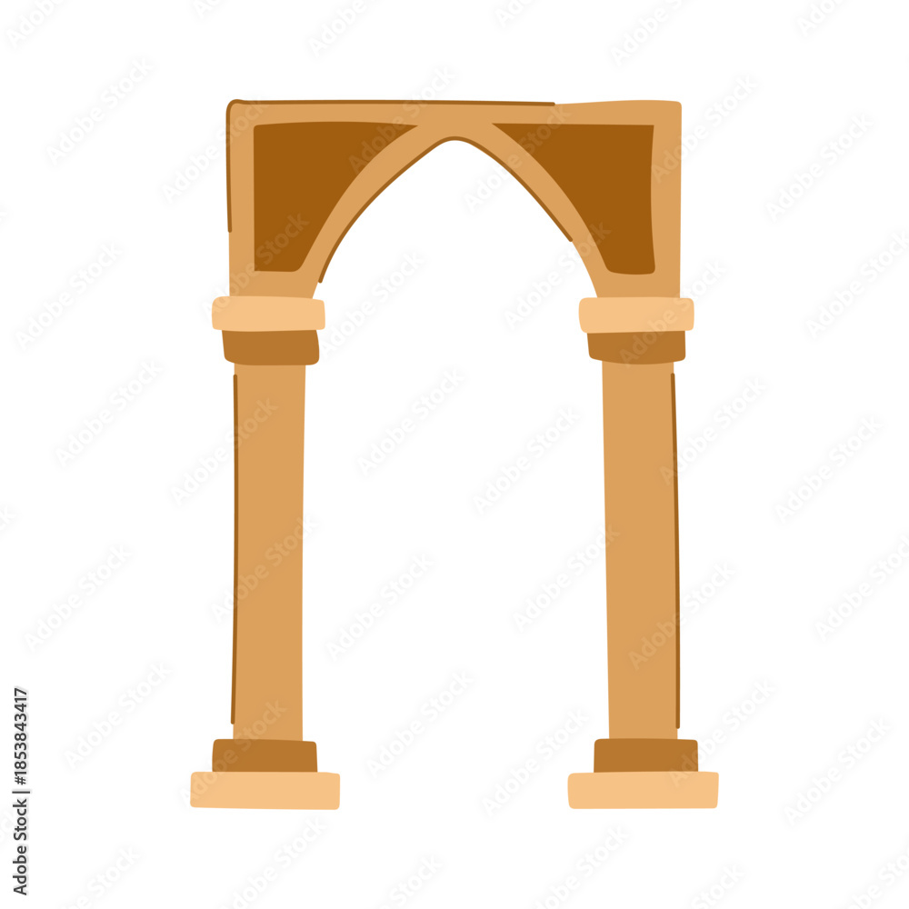 Naklejka premium Ancient architectural archway with strong columns and an elegant arch creating a passage or entrance, rendered in a simple, illustrative style on a white background