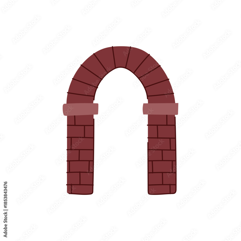 Fototapeta premium Simple flat illustration depicting a classic reddish brown brick archway, serving as an architectural element for an entrance or passage, set against a clean white background