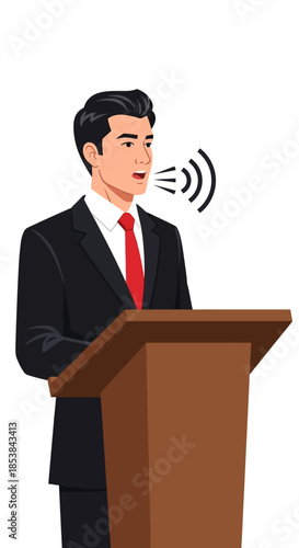 Man in suit speaking at podium with sound waves emanating from mouth.