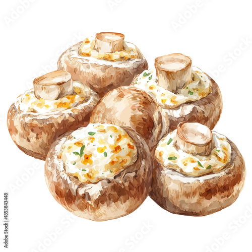 Watercolor illustration of Stuffed Mushrooms, vector artwork, isolated on white background.