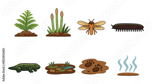 Ancient wetland ecosystem: diverse flora and fauna with ferns, insects, amphibians, and water plants