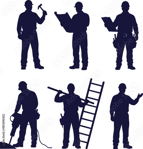 Diverse Set of Construction Worker Silhouettes with Essential Tools and Equipment, Depicting Various Building and Labor Tasks for Industry Projects