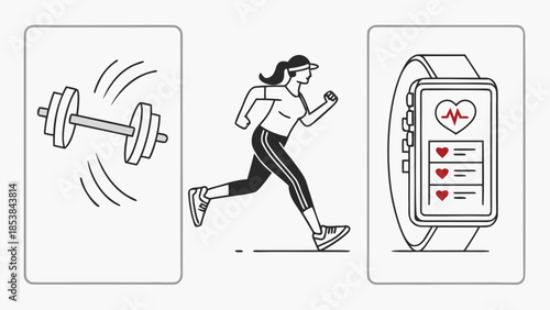 Fitness & gym icons – dumbbell, yoga, running, calories, heartbeat, outline stroke SVG