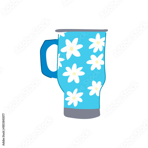 Portable insulated mug featuring a vibrant blue color and cheerful white daisy design, representing convenience, sustainability, and enjoying hot or cold beverages on the go