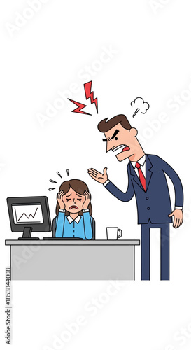 Angry Boss Yelling at Stressed Employee in Office Setting.