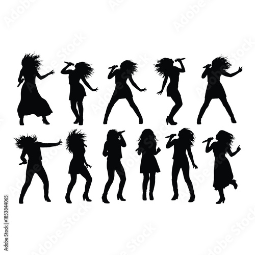 Silhouette series of a woman performing and singing with expressive poses