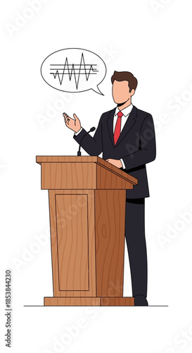 Man delivering a speech at a podium with speech bubble.