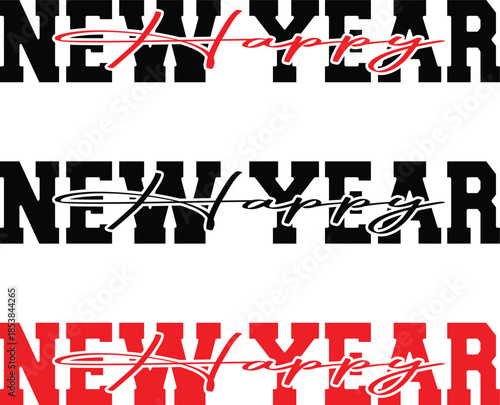 Happy new year text design in three color variations for celebration greetings and holiday messages