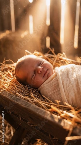 Vertical video of a newborn baby sleeping in a wooden manger filled with straw. Cinematic Nativity scene representing the birth of Jesus in a rustic barn with sunbeams. Christmas holiday concept