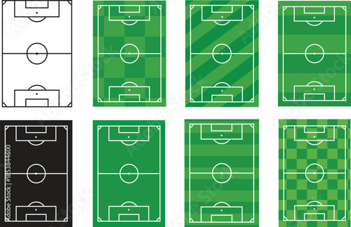 Set of top-view soccer field designs featuring striped, solid, and patterned grass styles. Ideal for sports graphics, tactics diagrams, coaching materials, apps, and football projects