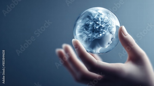 A hand cradles a glass orb containing a serene face with floral elements.