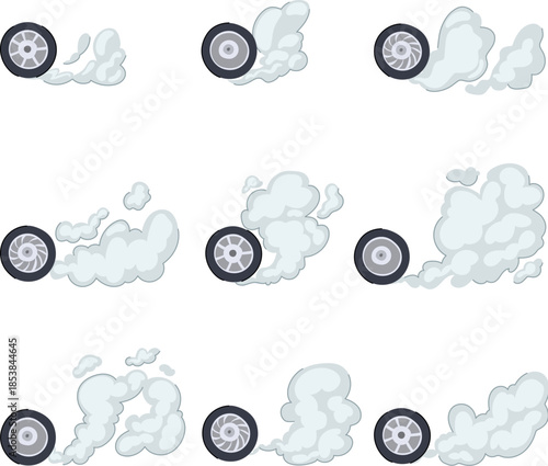 Car wheels creating various smoke trails, depicting speed, burnout, or drift effects, ideal for animation sprites, game assets, or motion graphics elements