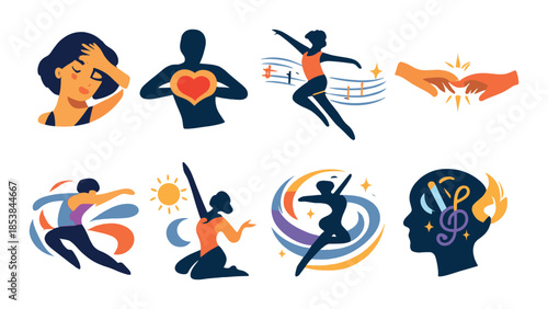 Serene illustrations of wellness: meditating figures and healing symbols