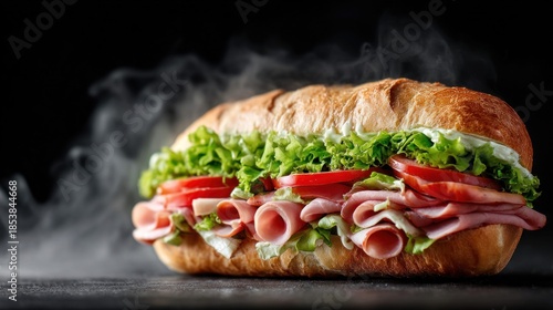 Delicious sandwich with fresh ingredients and steam against a dark background